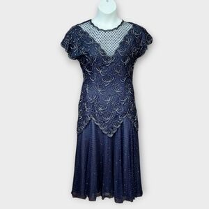NWT Neiman Marcus Navy Glass Bead And Sequin Embroidery Formal Dress ~sz PM